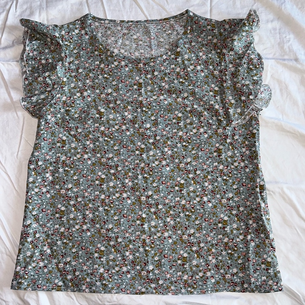 Green / Pink / White Floral Top / Blouse - Emery Rose - Women S - Ruffle Sleeve